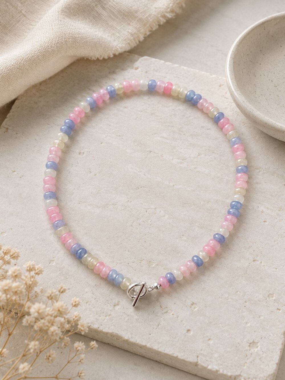 Pink Blue and Cream Pastel  Bead Necklace